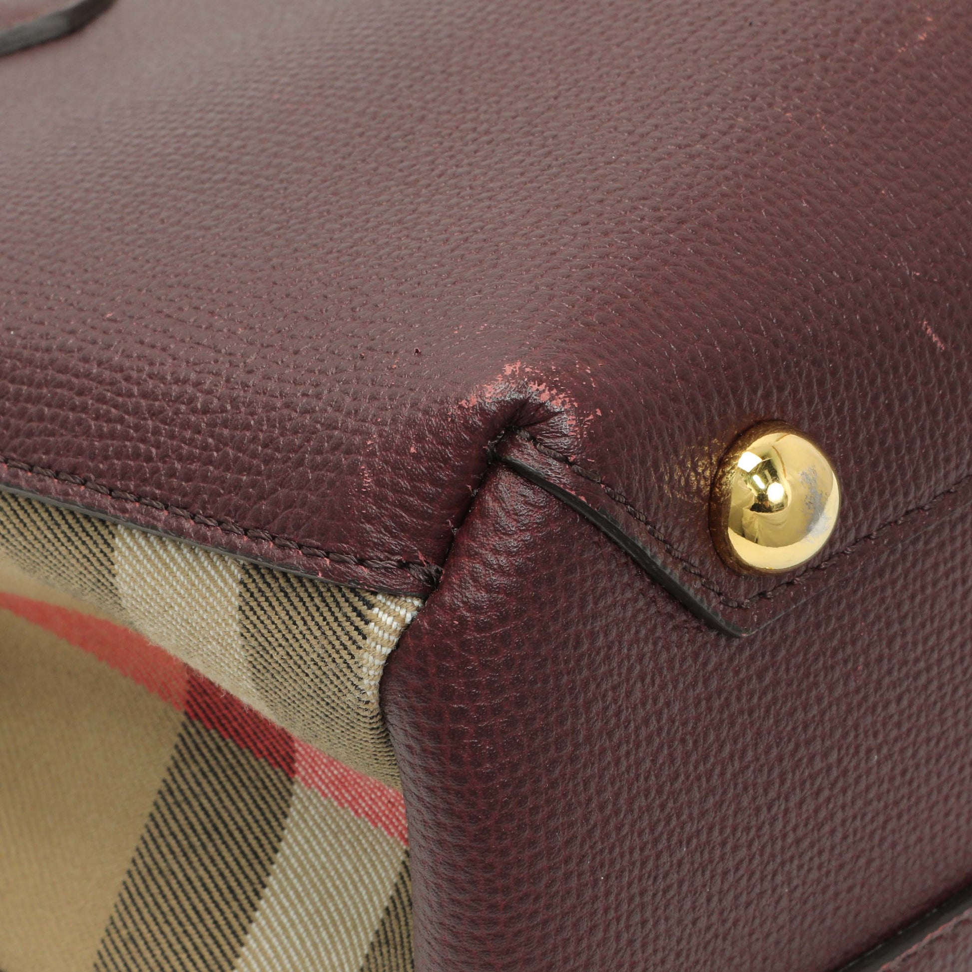 Exclusive Burberry Burgundy Calfskin House Check Small Banner Tote — Lifestyle View