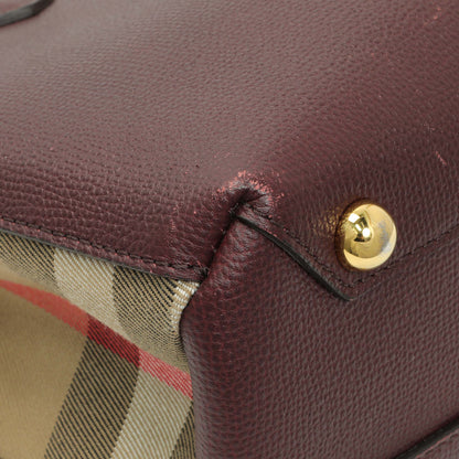 Exclusive Burberry Burgundy Calfskin House Check Small Banner Tote — Lifestyle View
