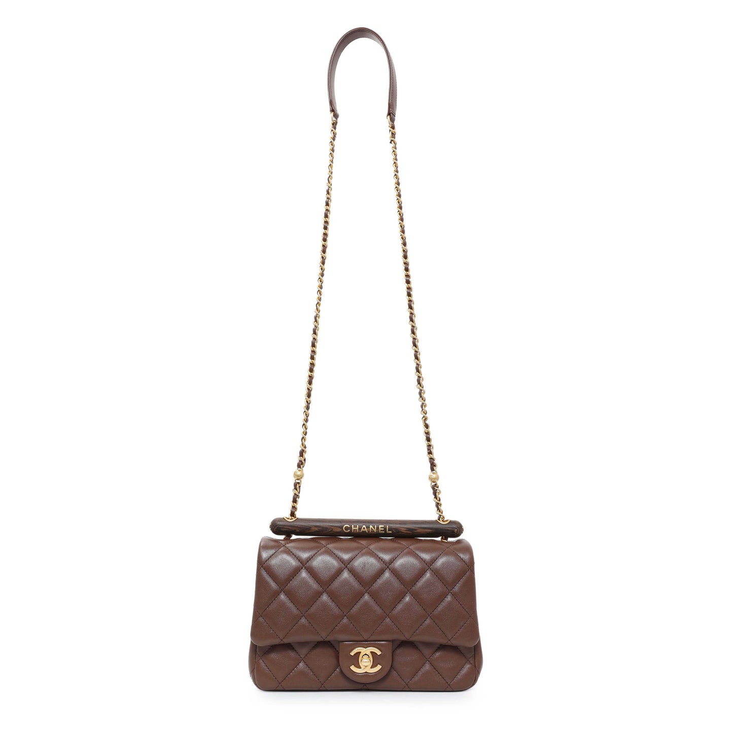 Exclusive Chanel Brown Quilted Lambskin Mini Wenge Wood Flap — Front View