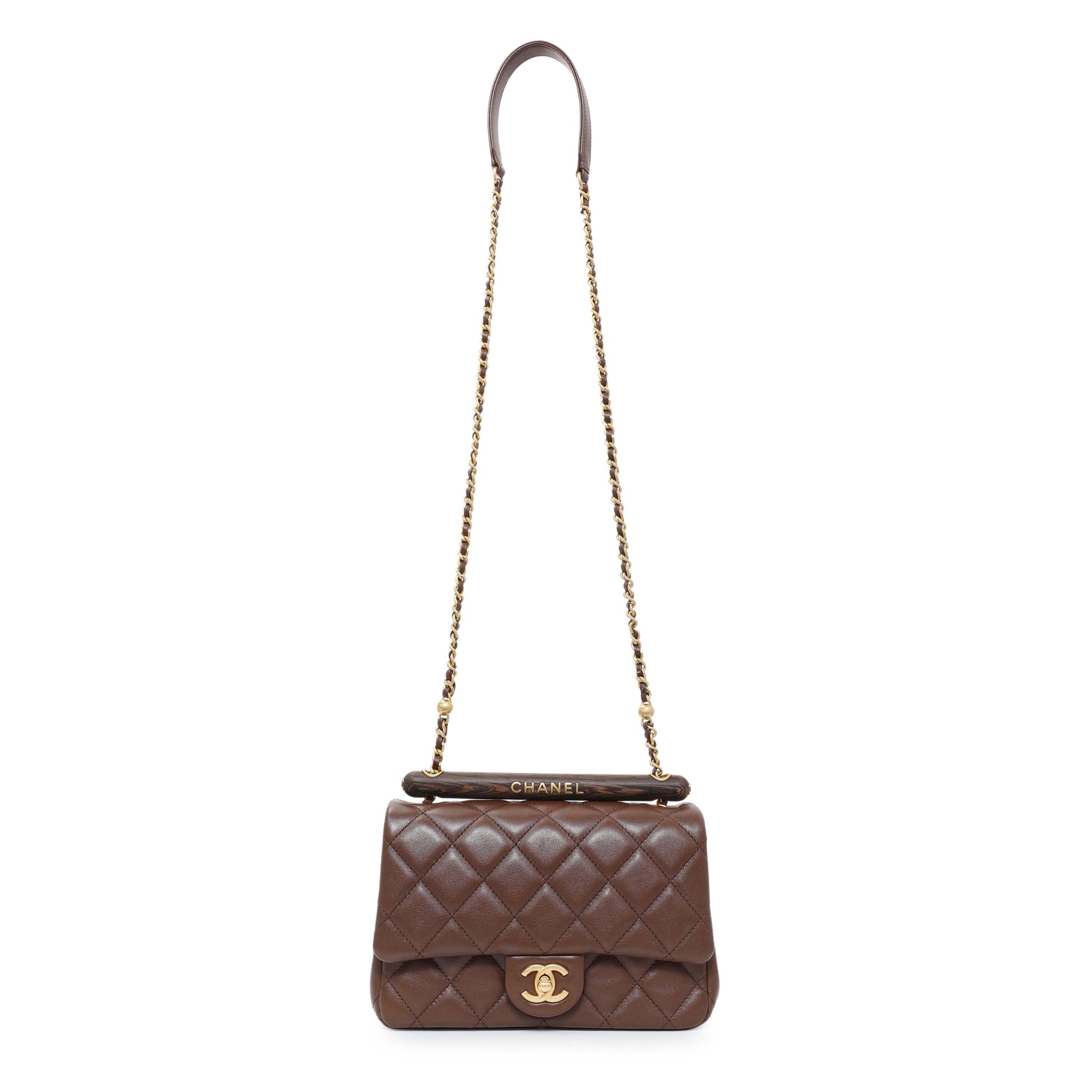 Exclusive Chanel Brown Quilted Lambskin Mini Wenge Wood Flap — Front View