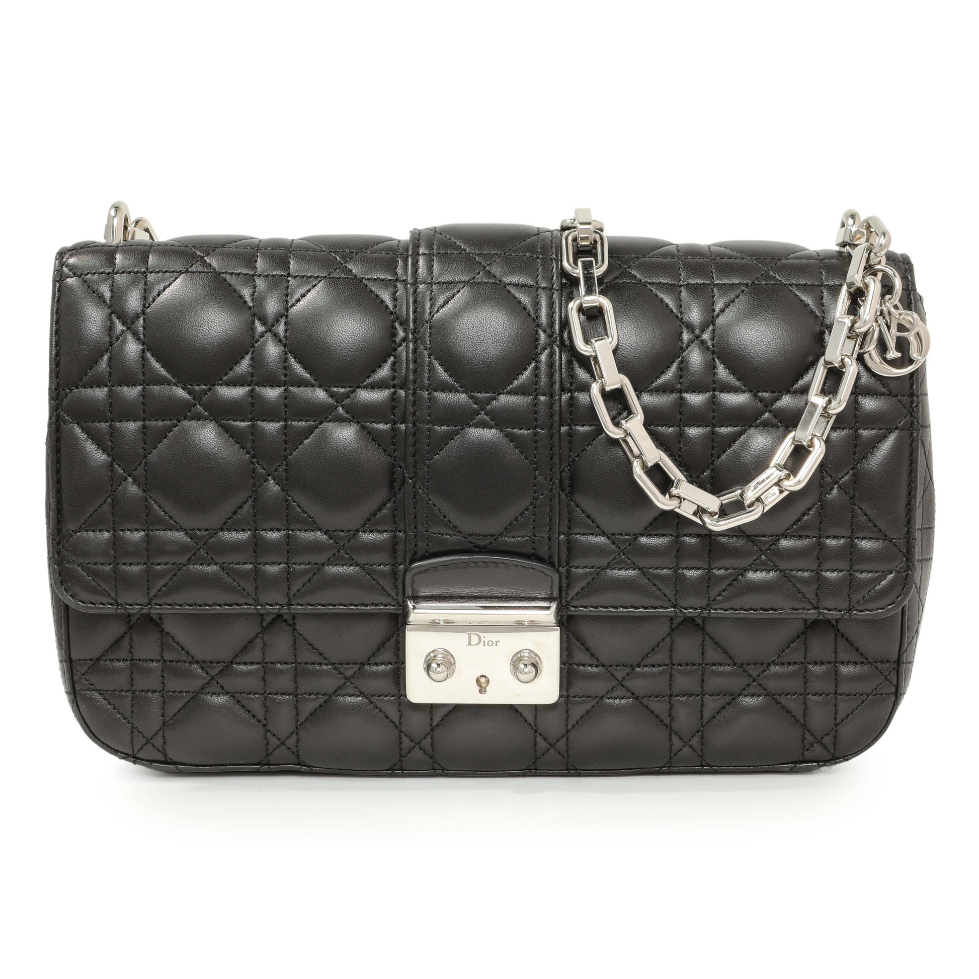 Exclusive Christian Dior Black Lambskin Cannage Medium Miss Dior Flap — Front View