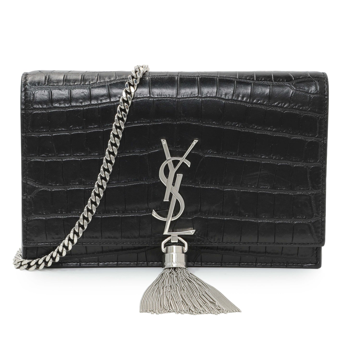 Exclusive Saint Laurent Black Crocodile Embossed Calfskin Kate Monogram Tassel Chain Wallet — Front View