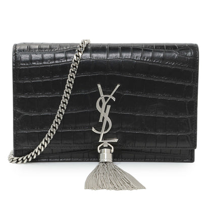 Exclusive Saint Laurent Black Crocodile Embossed Calfskin Kate Monogram Tassel Chain Wallet — Front View