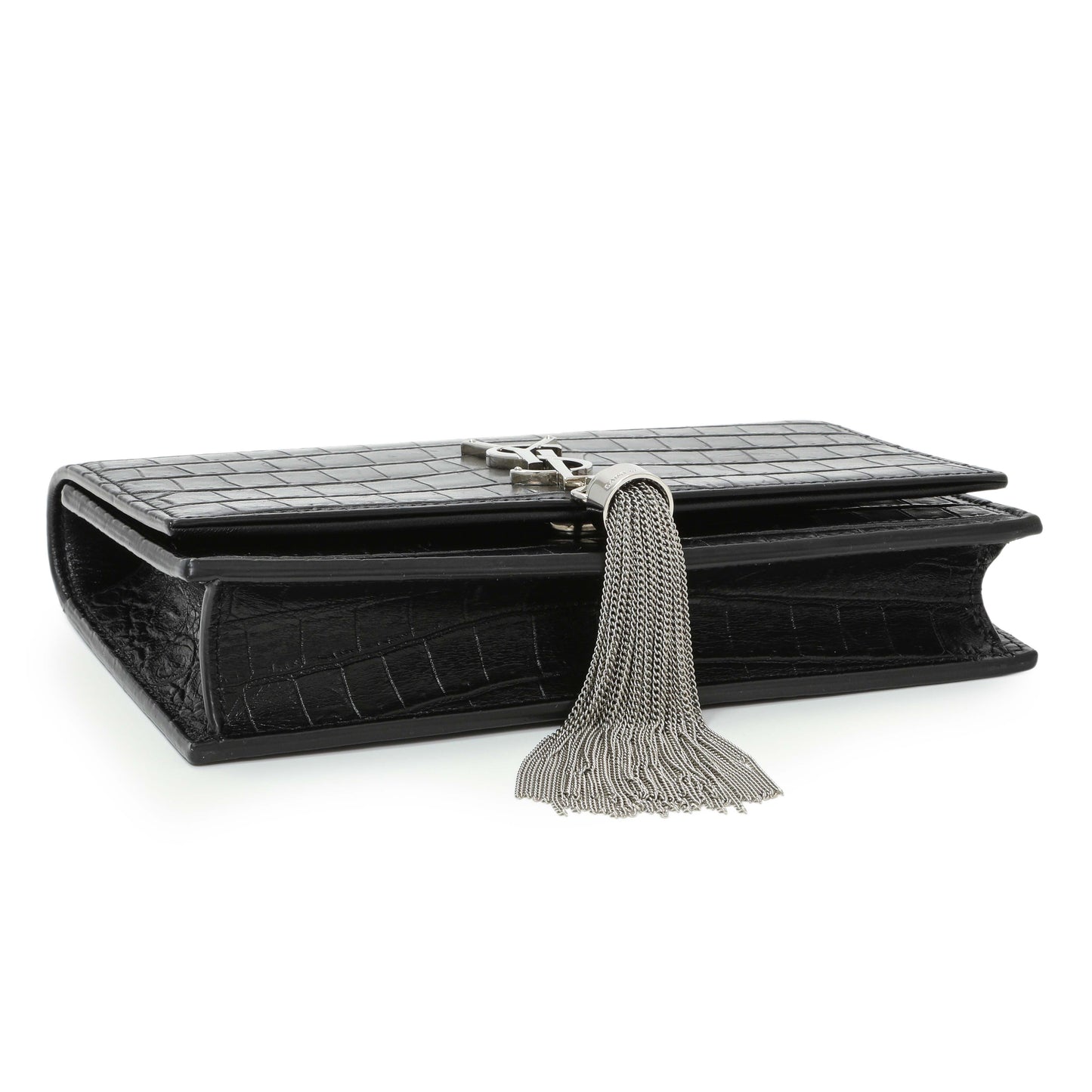 Exclusive Saint Laurent Black Crocodile Embossed Calfskin Kate Monogram Tassel Chain Wallet — Back View