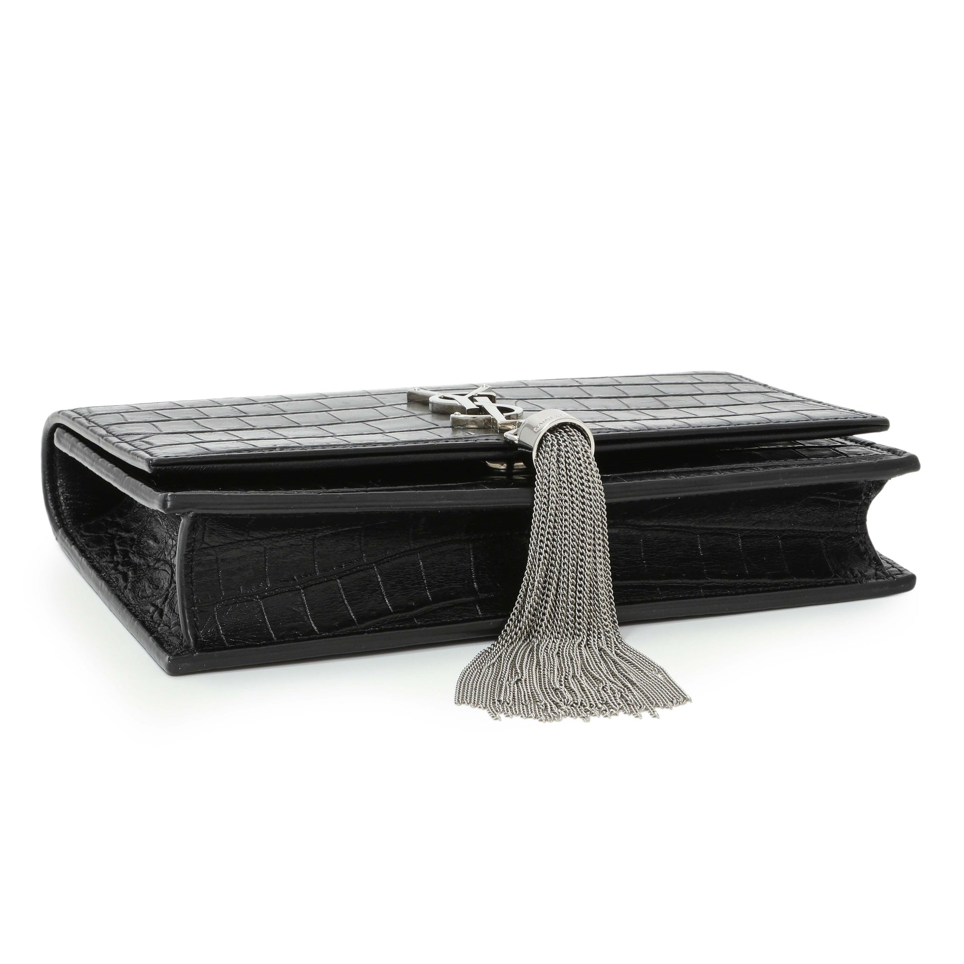 Exclusive Saint Laurent Black Crocodile Embossed Calfskin Kate Monogram Tassel Chain Wallet — Back View