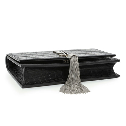 Exclusive Saint Laurent Black Crocodile Embossed Calfskin Kate Monogram Tassel Chain Wallet — Back View