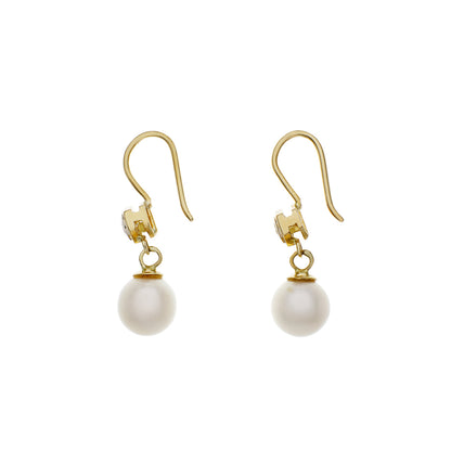 Exclusive 18K Yellow Gold Pearl Victorian Hook Earrings — Side View