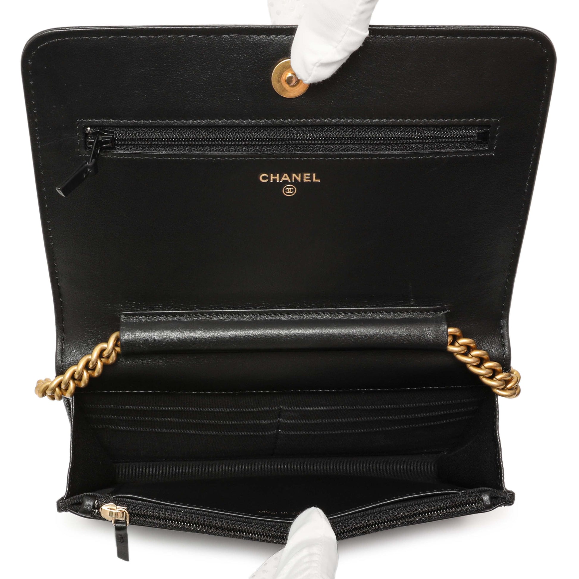 Exclusive Chanel Black Quilted Caviar Boy Wallet On Chain WOC — Detail View