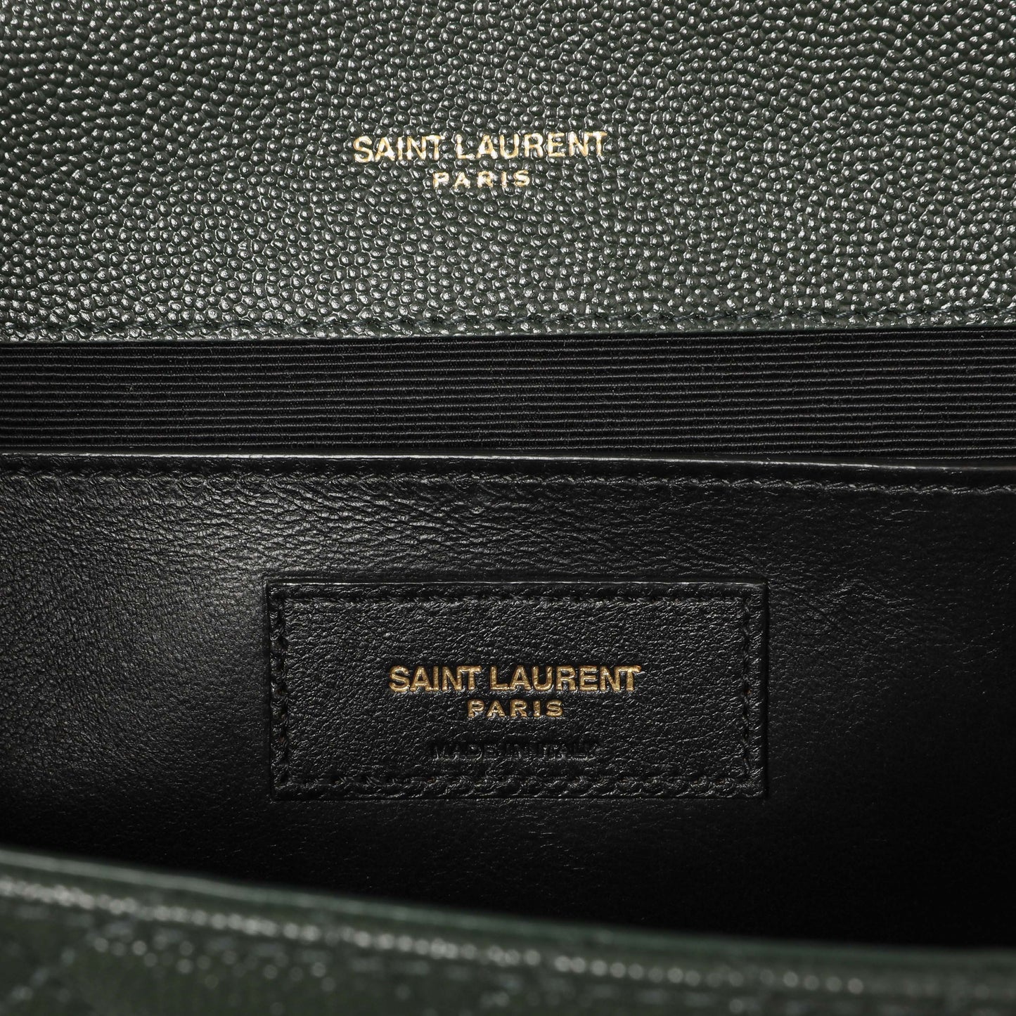 Exclusive Saint Laurent Green Grain De Poudre Matelasse Chevron Medium Triquilt Monogram Satchel — Detail View