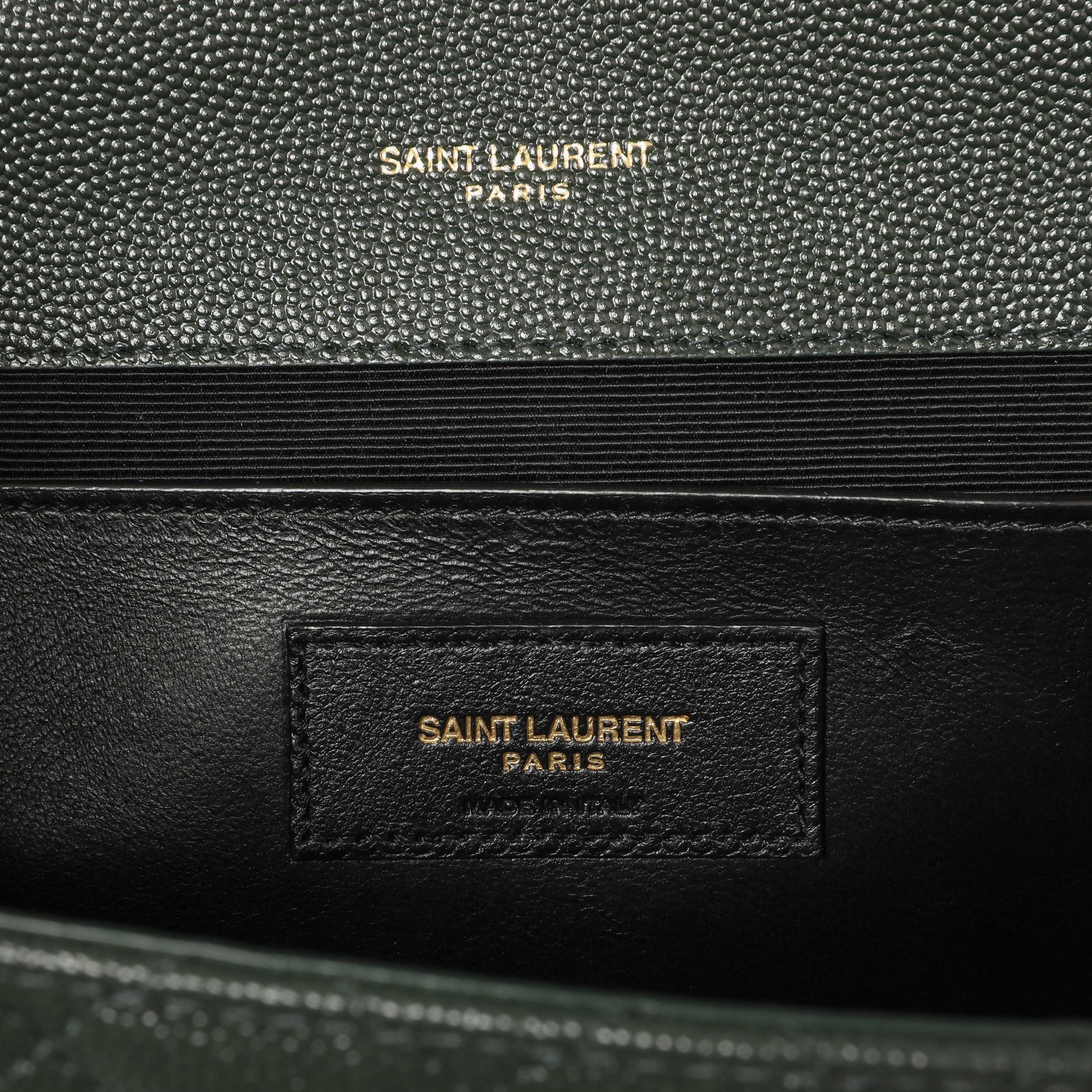 Exclusive Saint Laurent Green Grain De Poudre Matelasse Chevron Medium Triquilt Monogram Satchel — Detail View
