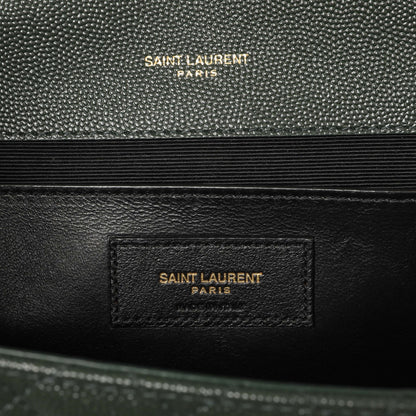Exclusive Saint Laurent Green Grain De Poudre Matelasse Chevron Medium Triquilt Monogram Satchel — Detail View