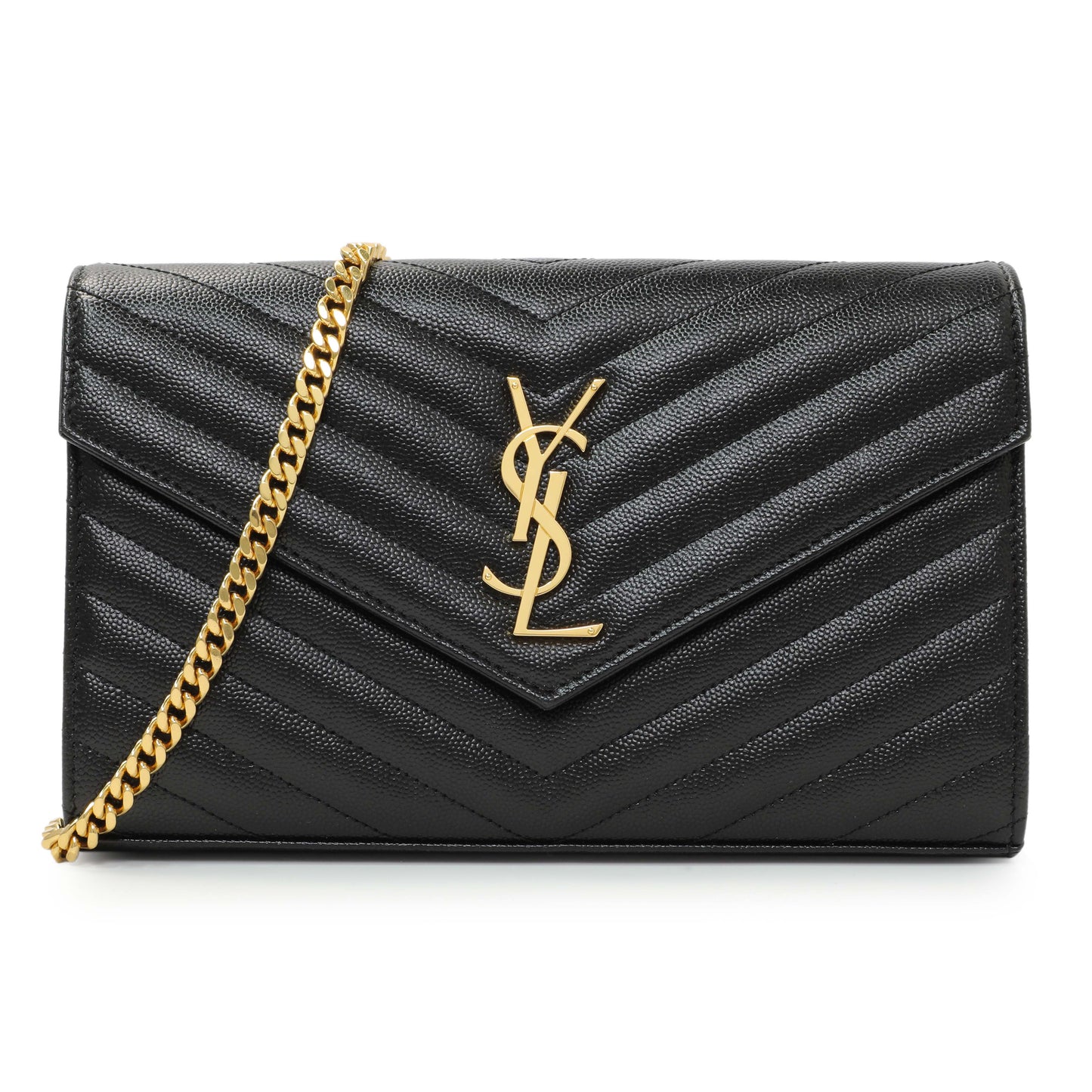 Exclusive Saint Laurent Grain De Poudre Matelasse Chevron Monogram Chain Wallet — Front View