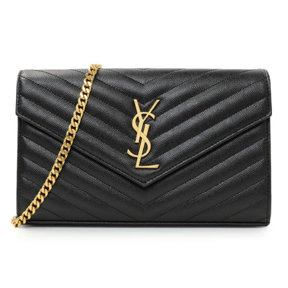 Exclusive Saint Laurent Grain De Poudre Matelasse Chevron Monogram Chain Wallet — Front View