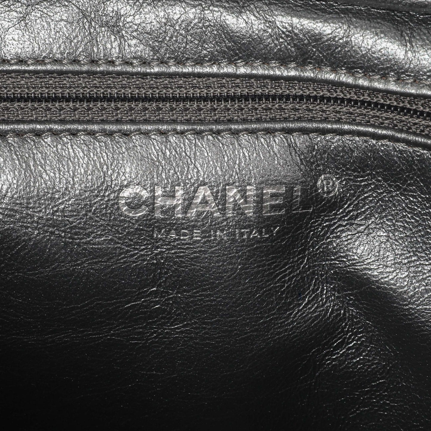 Exclusive Chanel Dark Silver Metallic Quilted Aged Calfskin Small Reissue Camera Case — Detail View