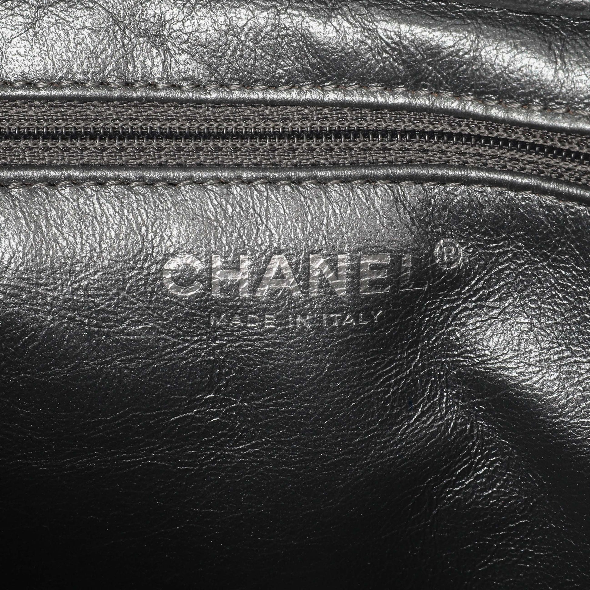 Exclusive Chanel Dark Silver Metallic Quilted Aged Calfskin Small Reissue Camera Case — Detail View