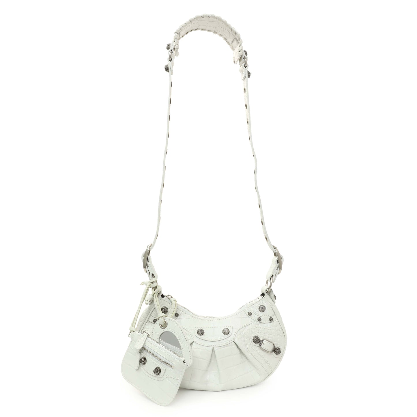 Exclusive Balenciaga White Crocodile Embossed Calfskin Le Cagole Shoulder Bag XS — Front View