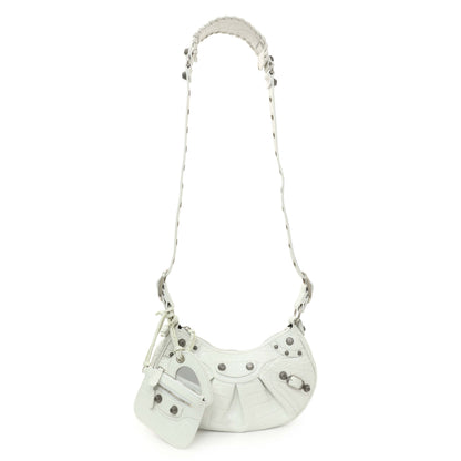 Exclusive Balenciaga White Crocodile Embossed Calfskin Le Cagole Shoulder Bag XS — Front View
