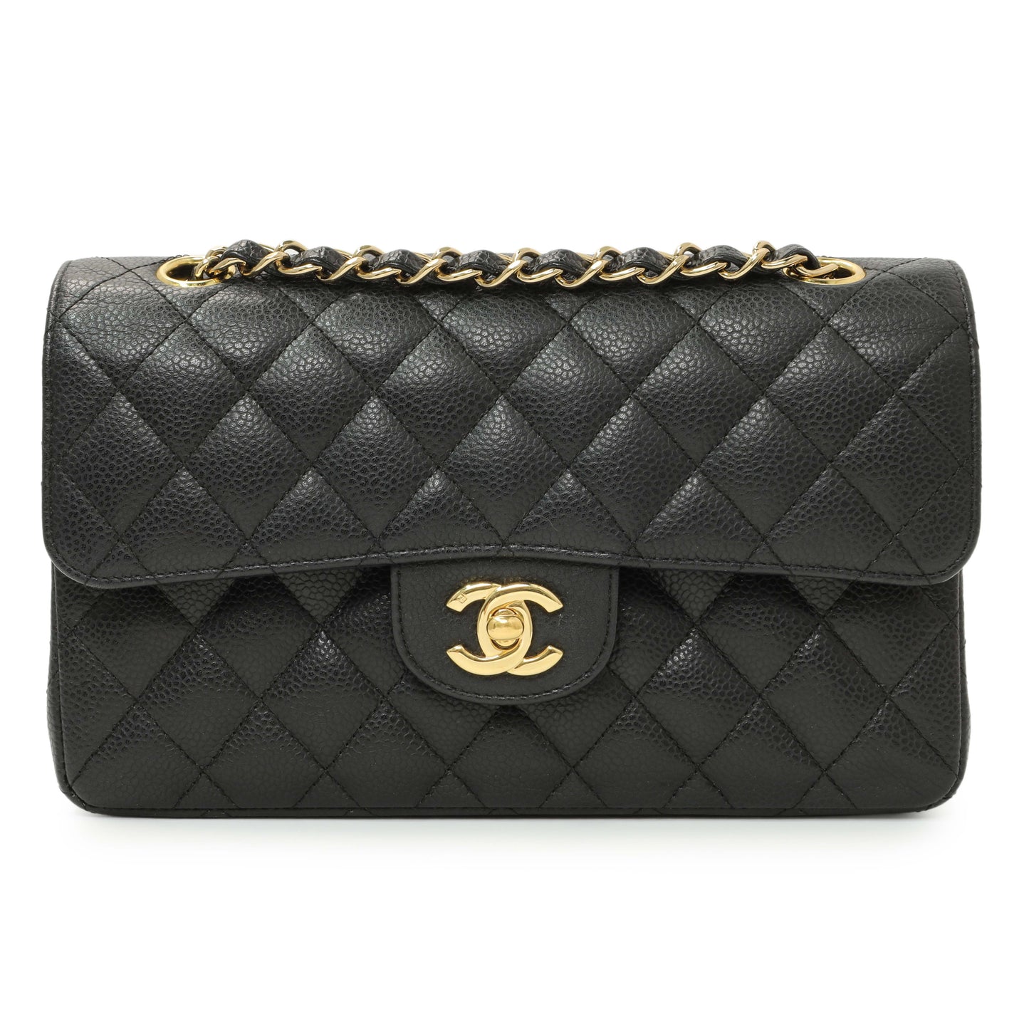 Exclusive Chanel Black Quilted Caviar Small Classic Double Flap — Front View