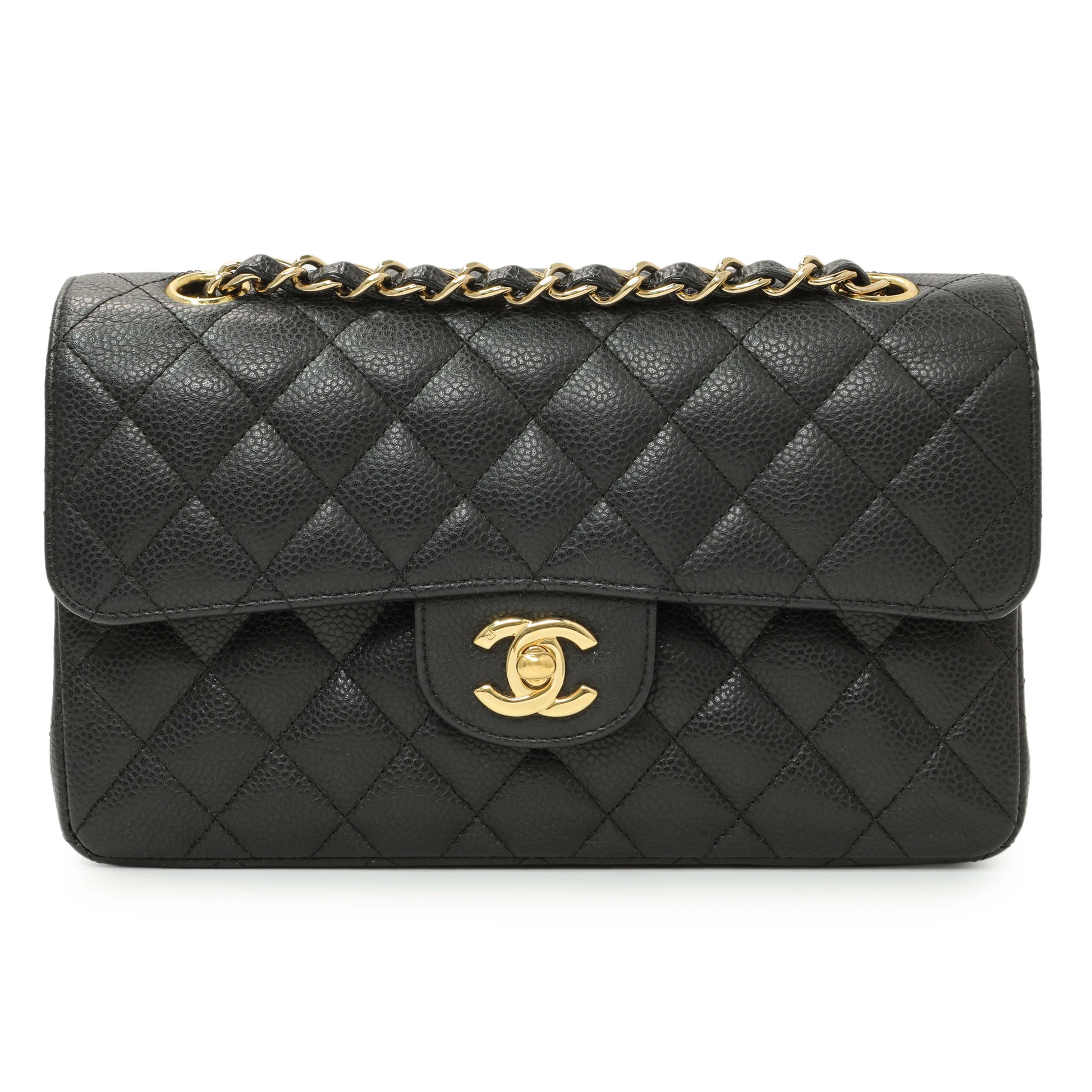 Exclusive Chanel Black Quilted Caviar Small Classic Double Flap — Front View
