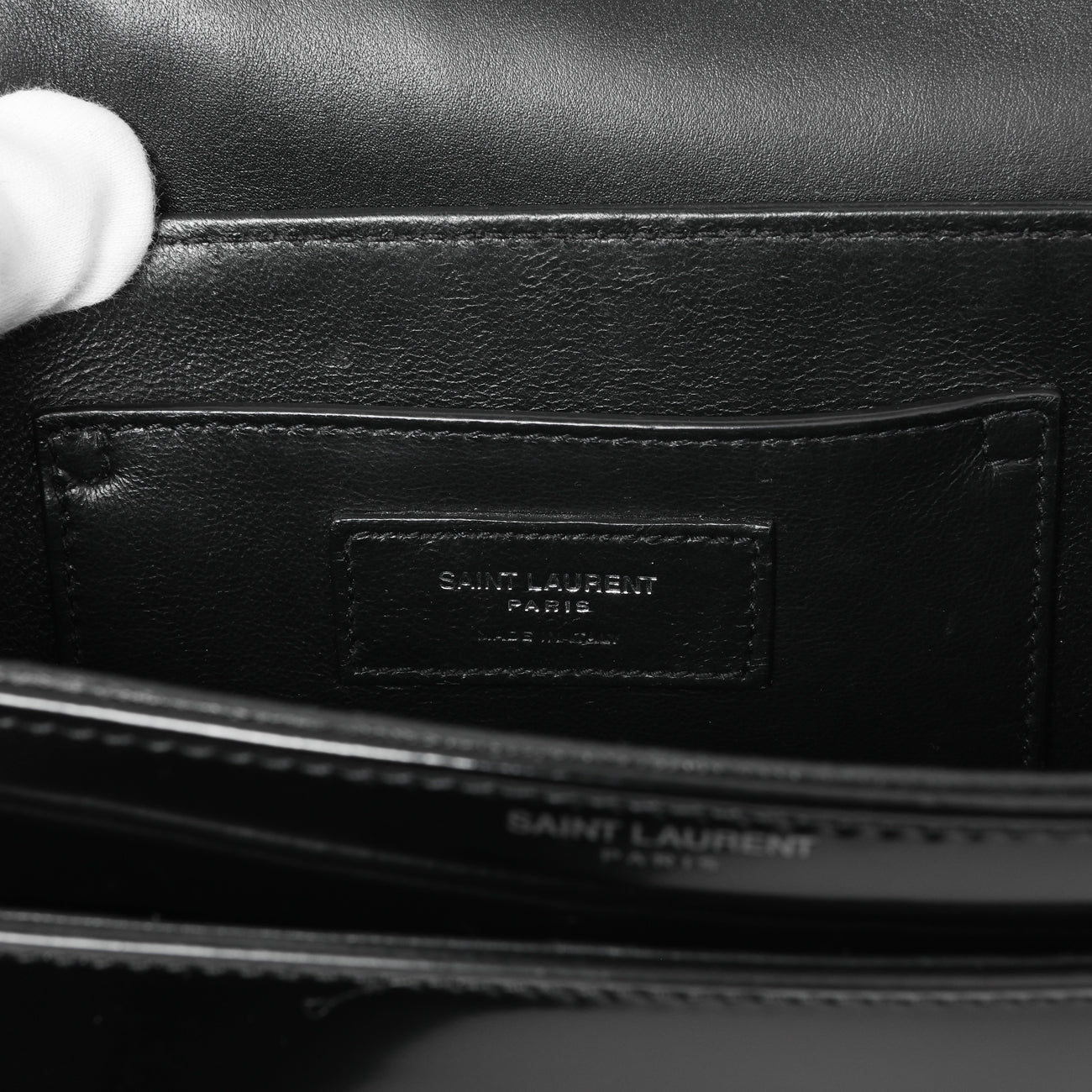 Exclusive Saint Laurent Black Glazed Calfskin Monogram Medium Solferino — Lifestyle View