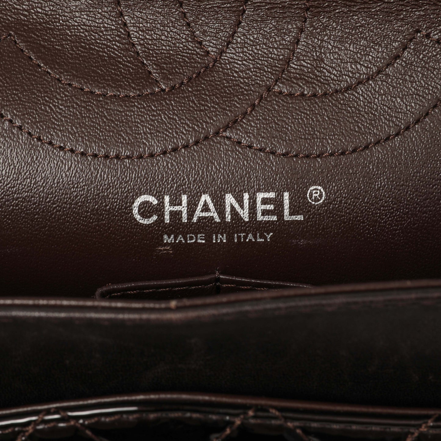 Exclusive Chanel Metallic Brown Quilted Patent 2.55 Reissue 226 — Detail View