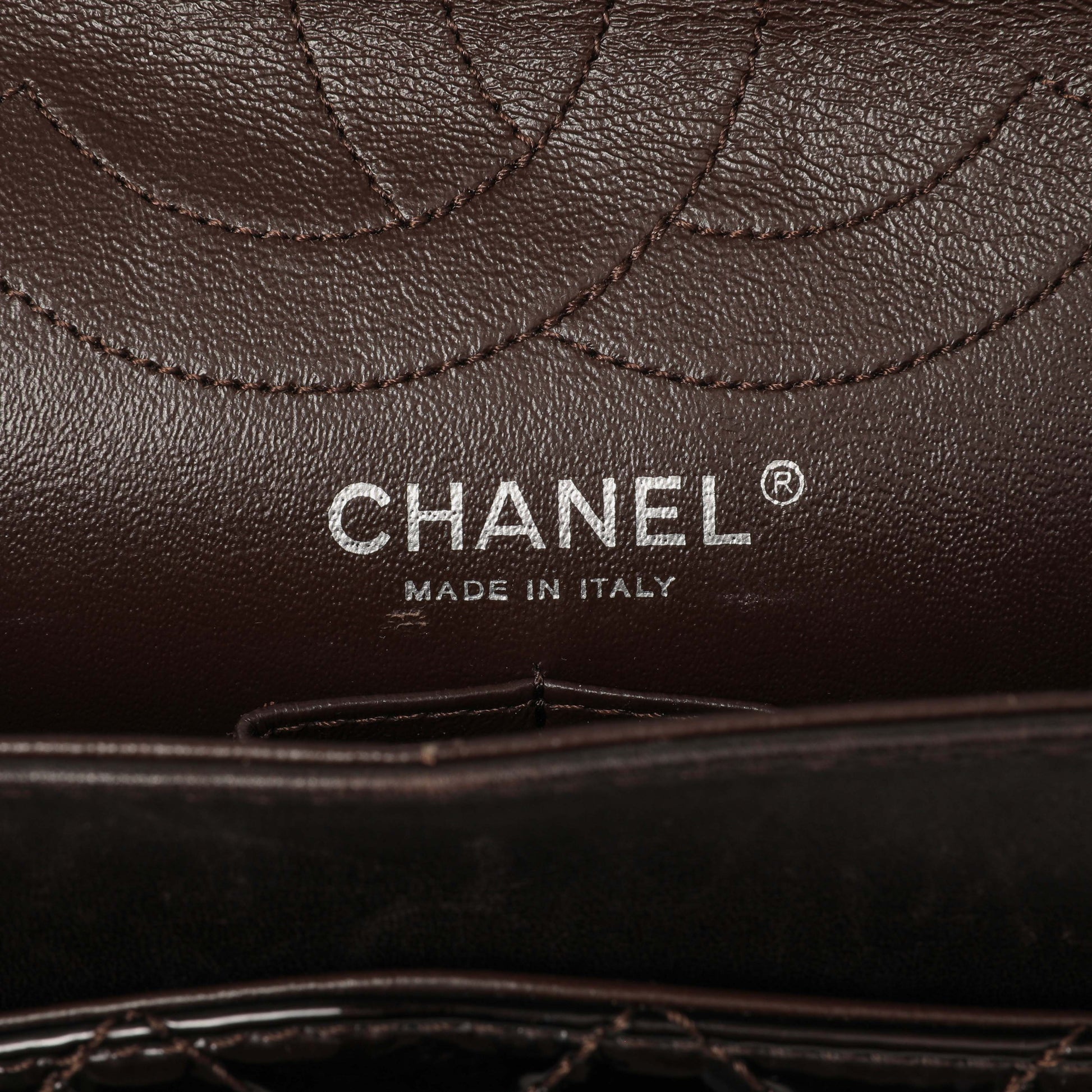 Exclusive Chanel Metallic Brown Quilted Patent 2.55 Reissue 226 — Detail View