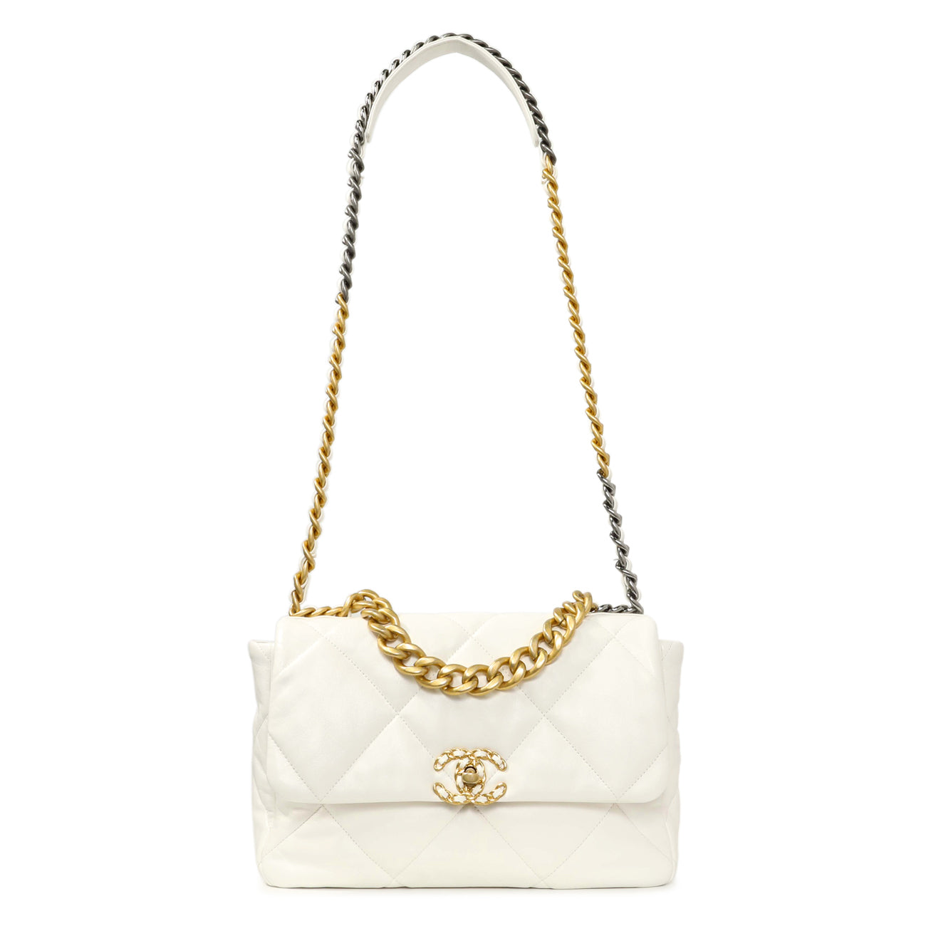Exclusive Chanel White Quilted Lambskin Large 19 Flap — Front View