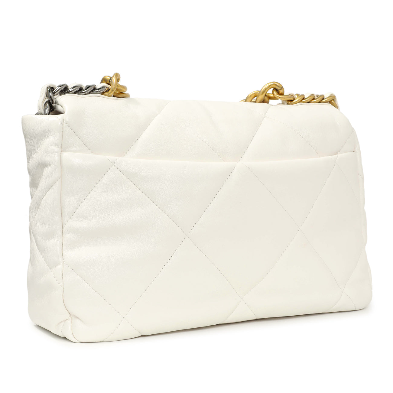 Exclusive Chanel White Quilted Lambskin Large 19 Flap — Back View