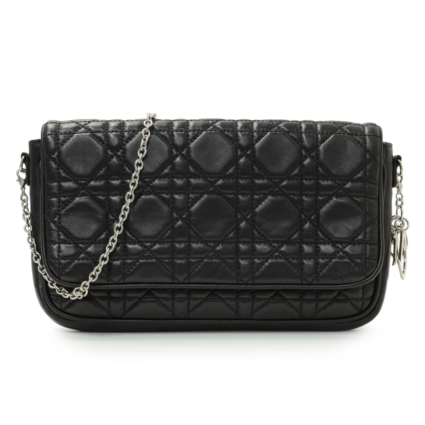 Exclusive Christian Dior Black Lambskin Cannage Wallet On Chain — Front View