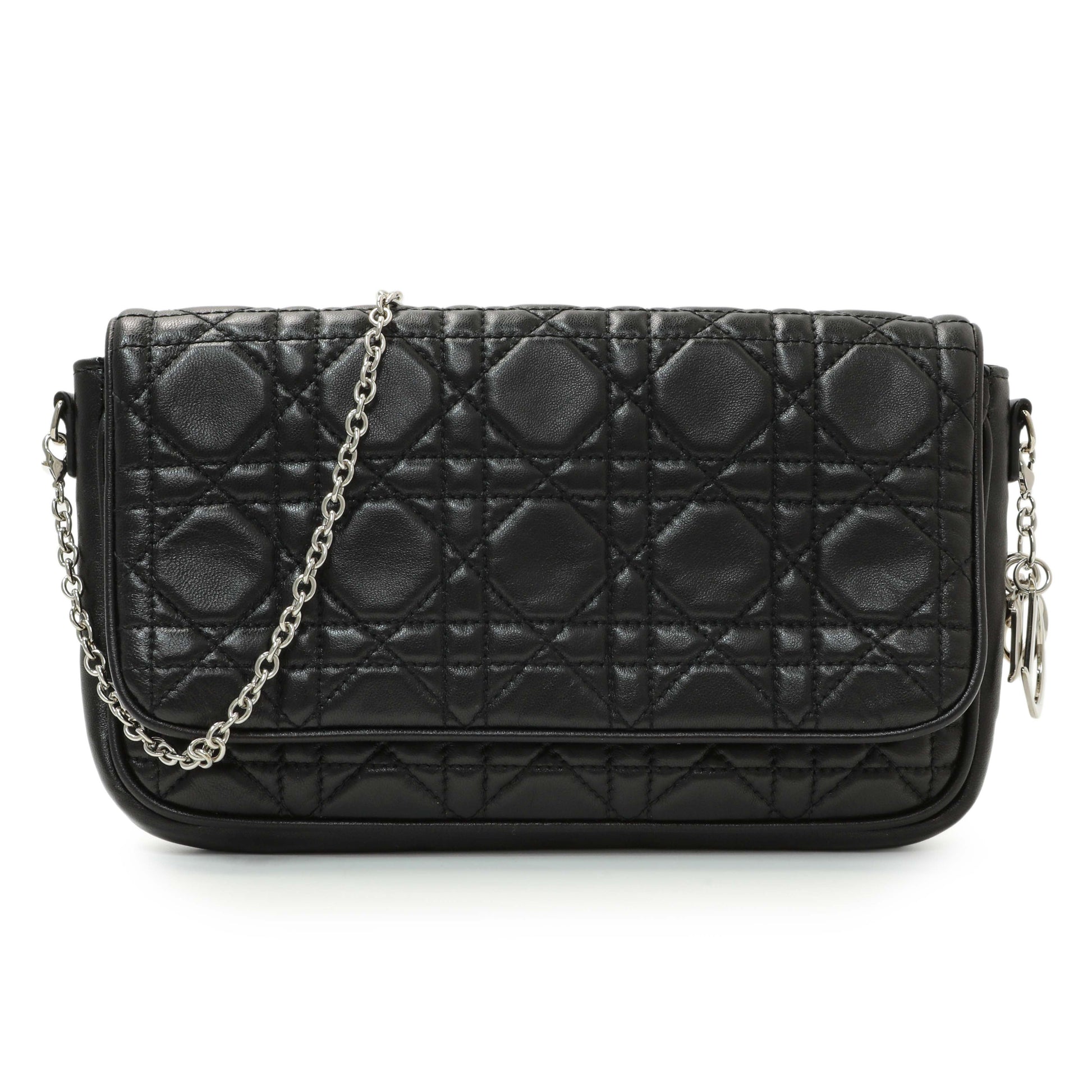 Exclusive Christian Dior Black Lambskin Cannage Wallet On Chain — Front View