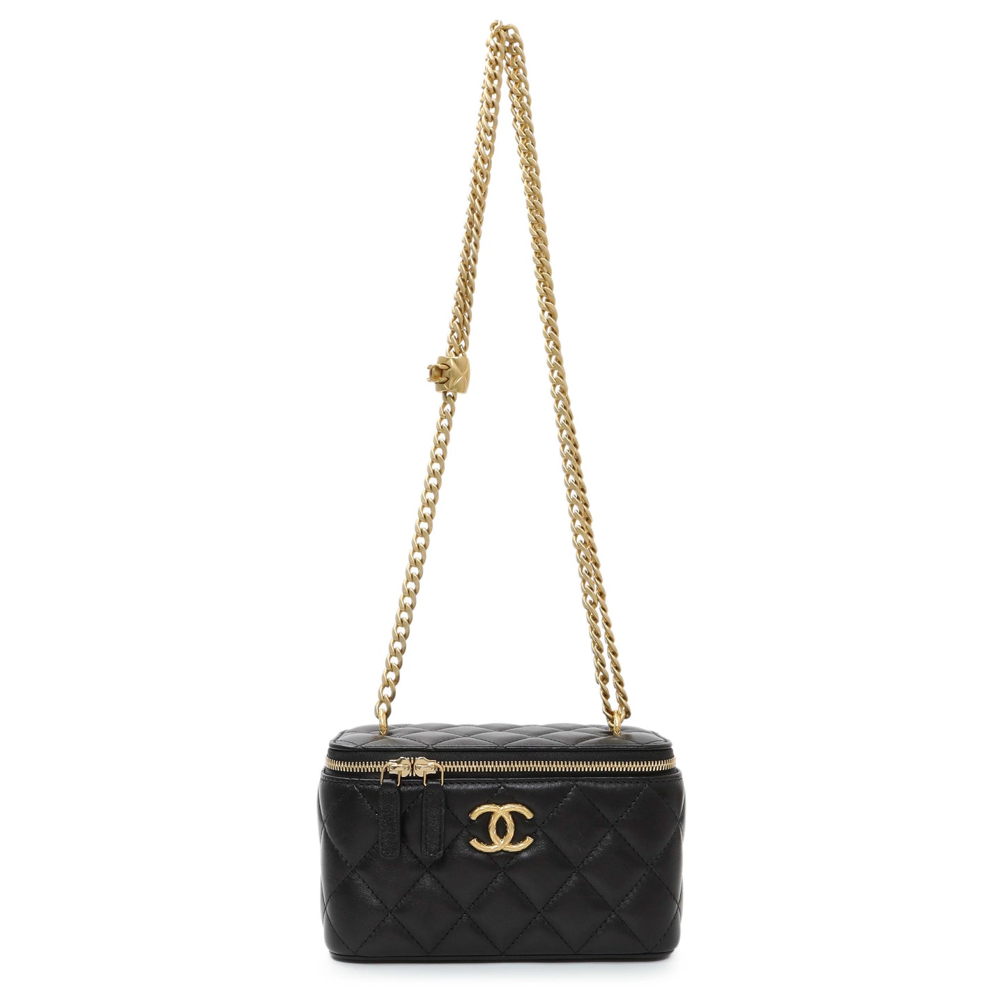 Exclusive Chanel Black Quilted Lambskin Small Pillow Crush Vanity Case With Chain — Front View