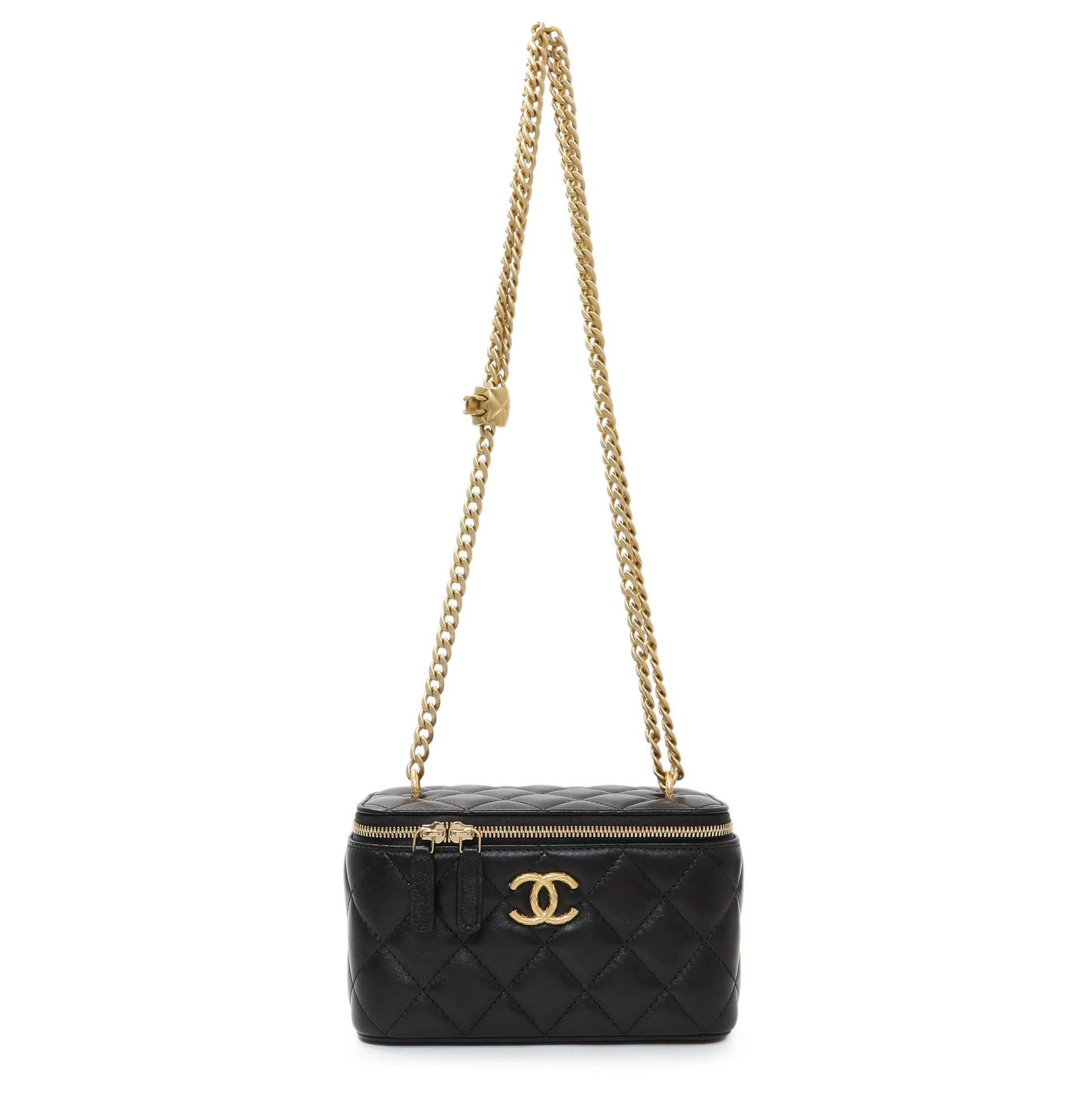 Exclusive Chanel Black Quilted Lambskin Small Pillow Crush Vanity Case With Chain — Front View