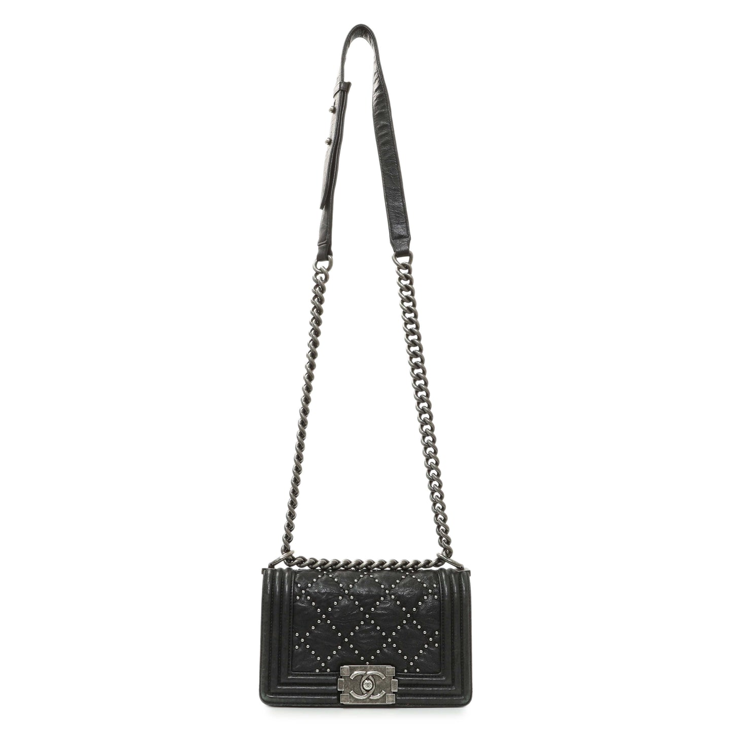 Exclusive Chanel Black Crumpled Lambskin Small Studded Boy Bag — Front View