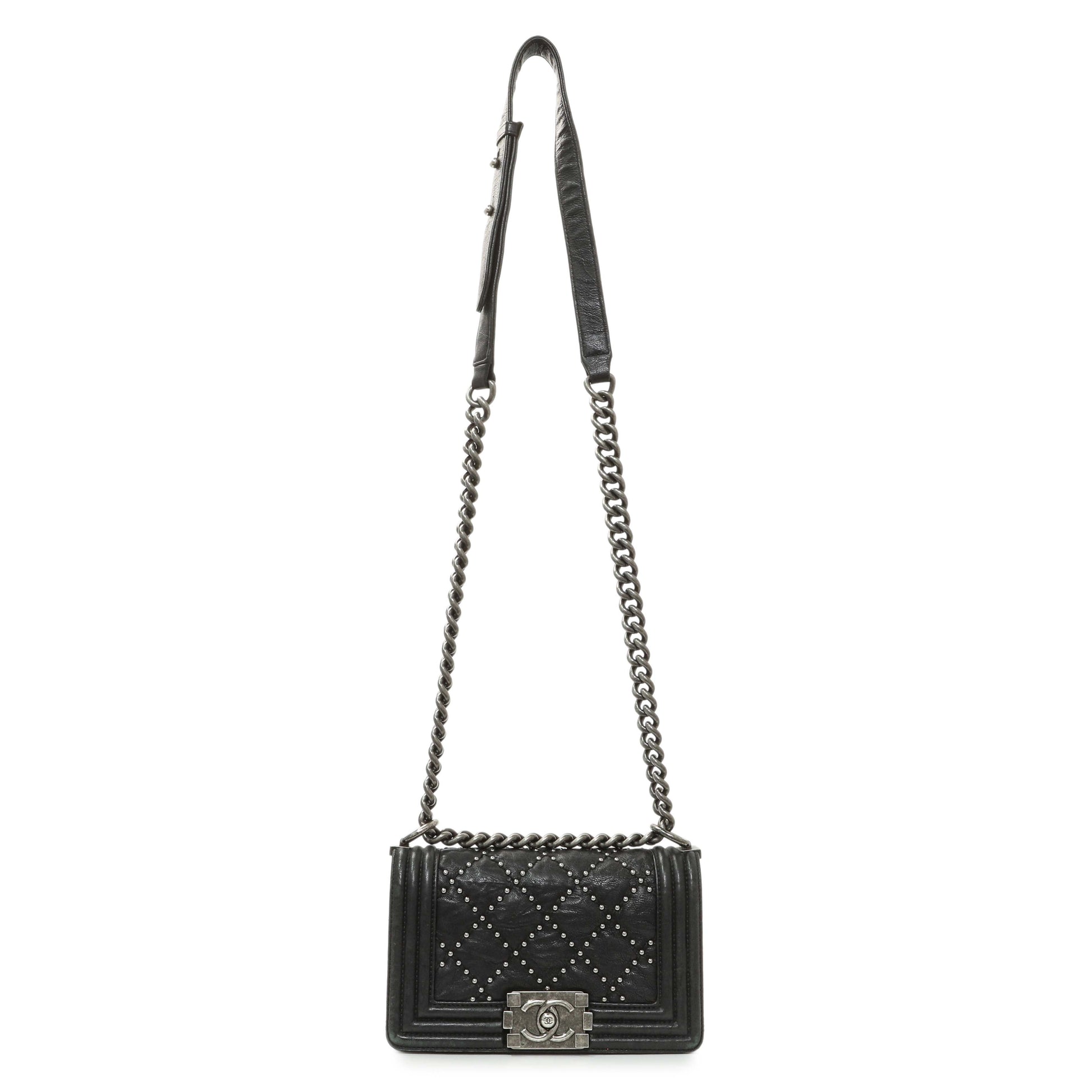 Exclusive Chanel Black Crumpled Lambskin Small Studded Boy Bag — Front View