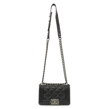 Exclusive Chanel Black Crumpled Lambskin Small Studded Boy Bag — Front View
