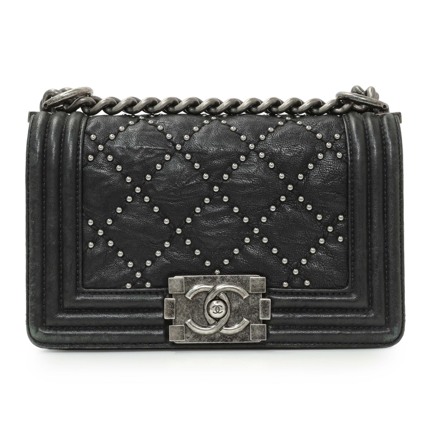 Exclusive Chanel Black Crumpled Lambskin Small Studded Boy Bag — Side View