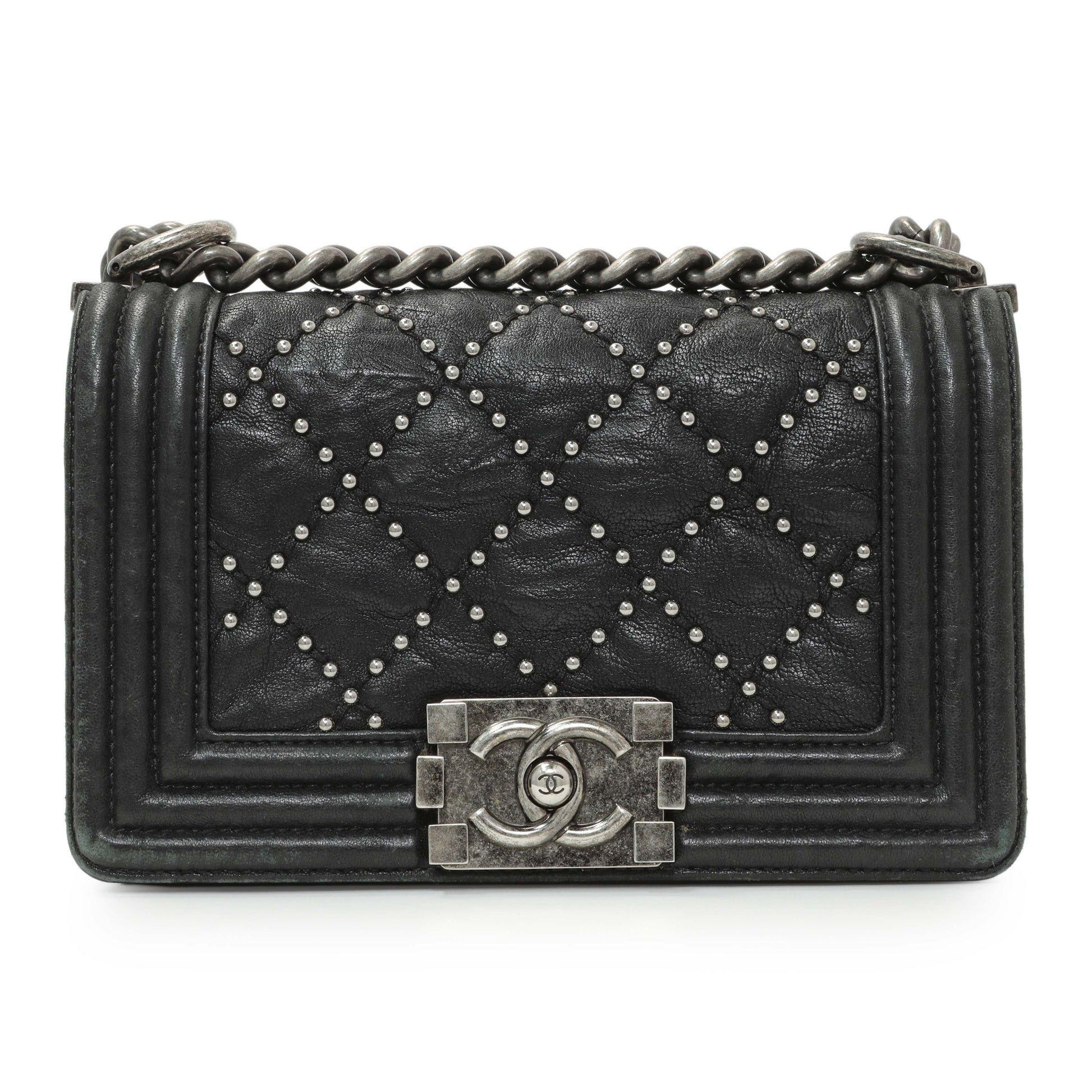 Exclusive Chanel Black Crumpled Lambskin Small Studded Boy Bag — Side View