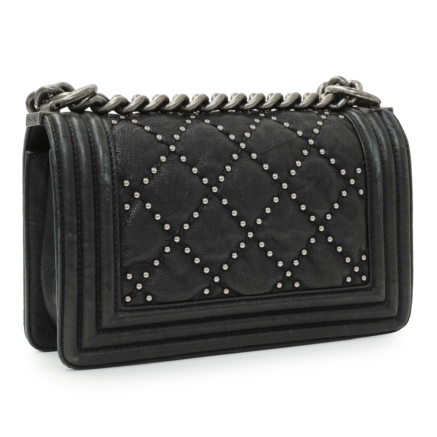 Exclusive Chanel Black Crumpled Lambskin Small Studded Boy Bag — Back View