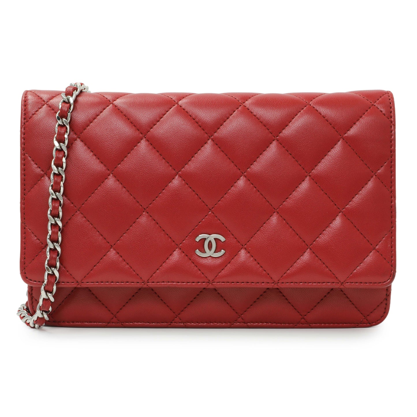 Exclusive Chanel Red Quilted Calfskin Classic Wallet On Chain — Front View