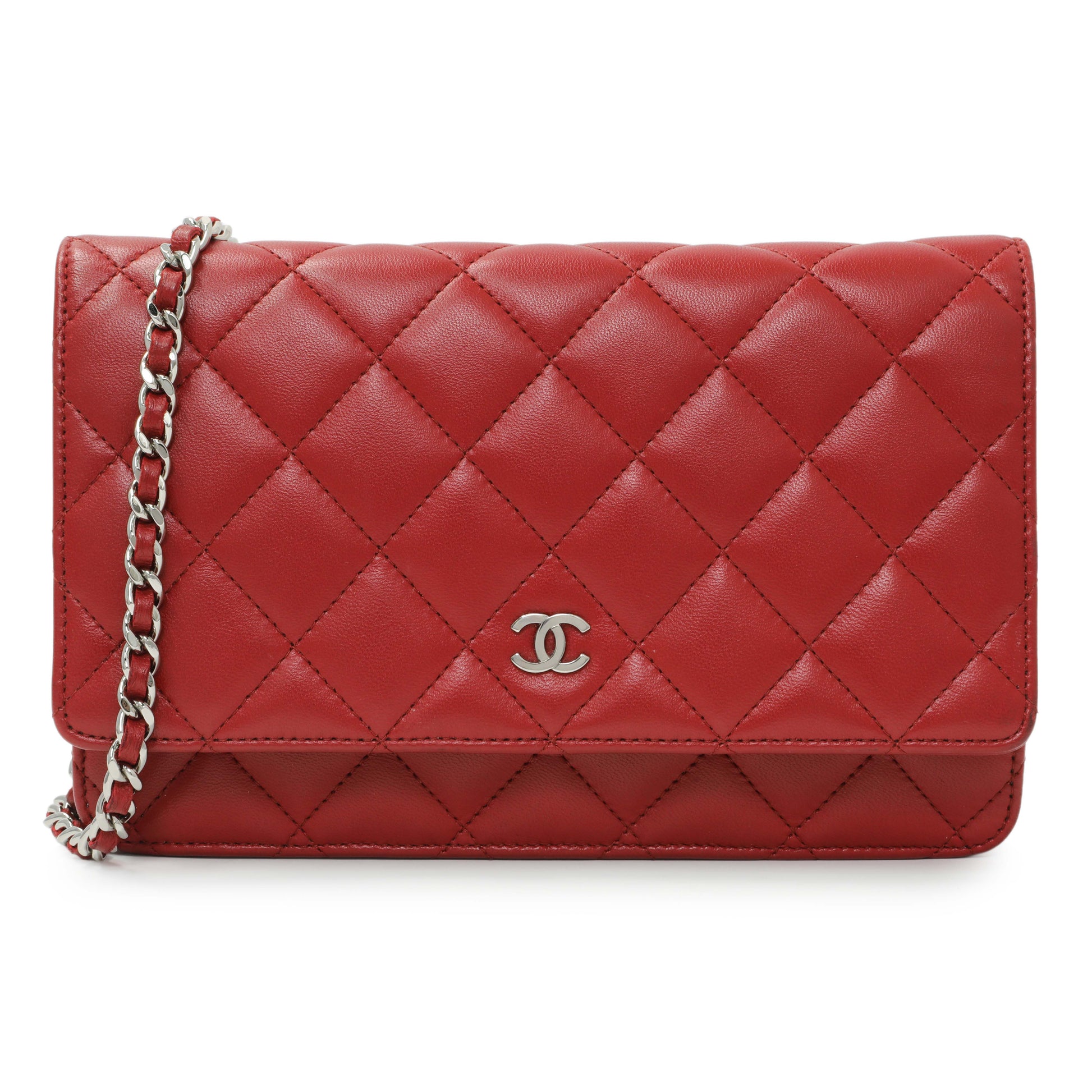 Exclusive Chanel Red Quilted Calfskin Classic Wallet On Chain — Front View