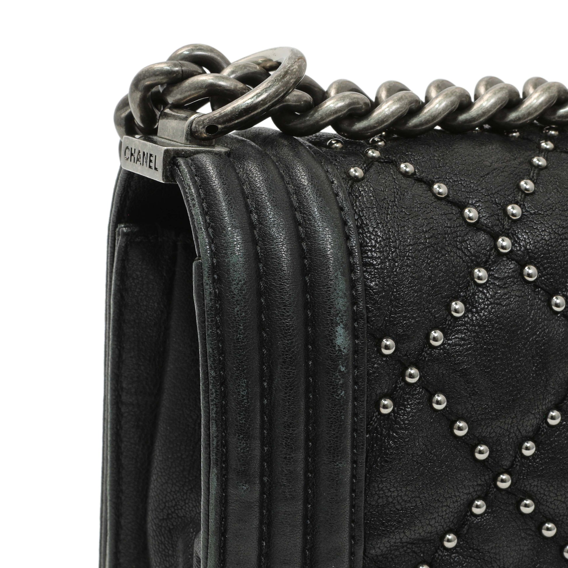 Exclusive Chanel Black Crumpled Lambskin Small Studded Boy Bag — Alternate View 12