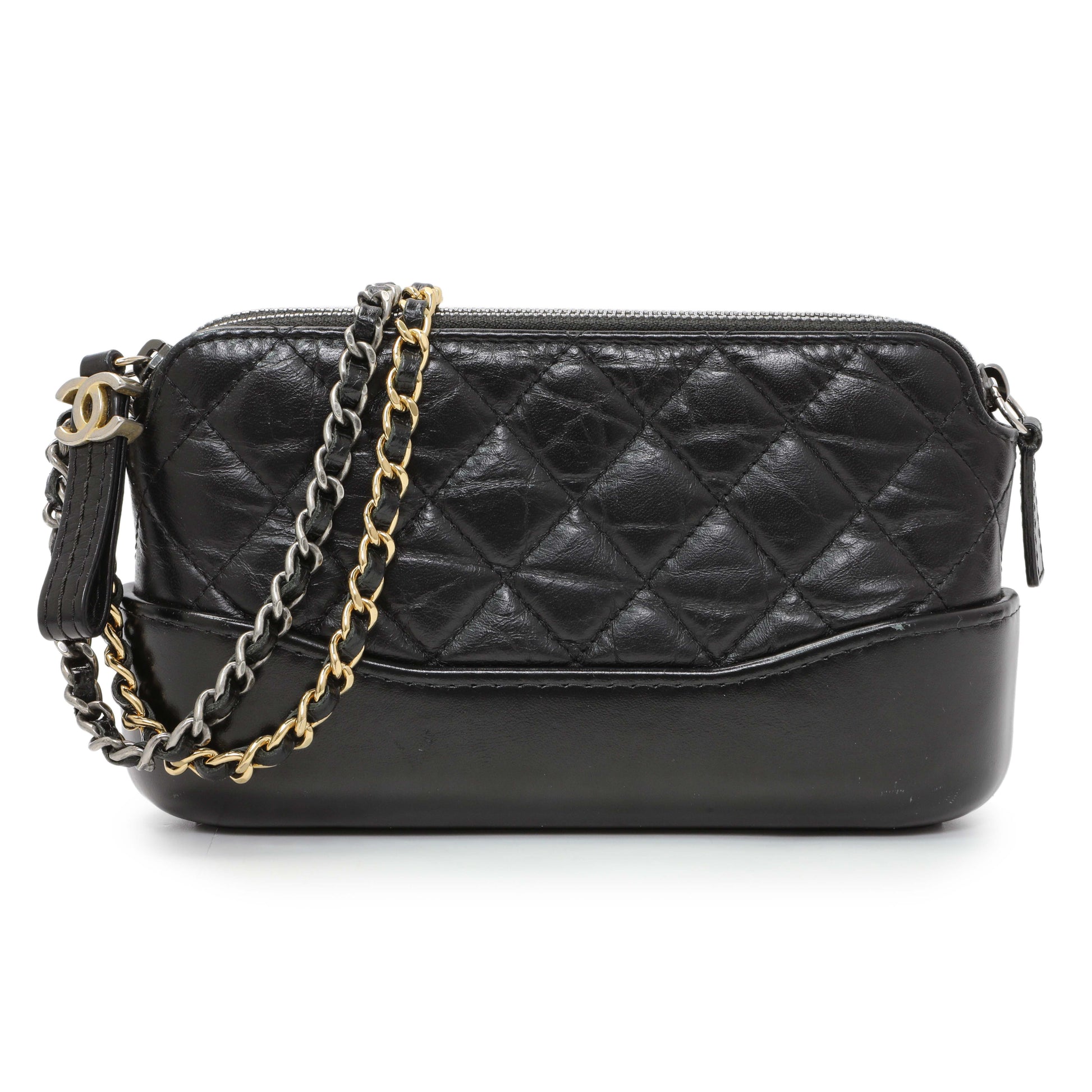 Exclusive Chanel Black Aged Calfskin Gabrielle Clutch With Chain — Front View