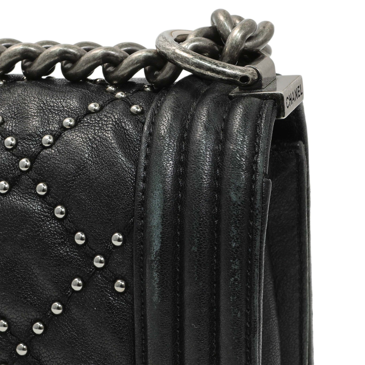 Exclusive Chanel Black Crumpled Lambskin Small Studded Boy Bag — Alternate View 13