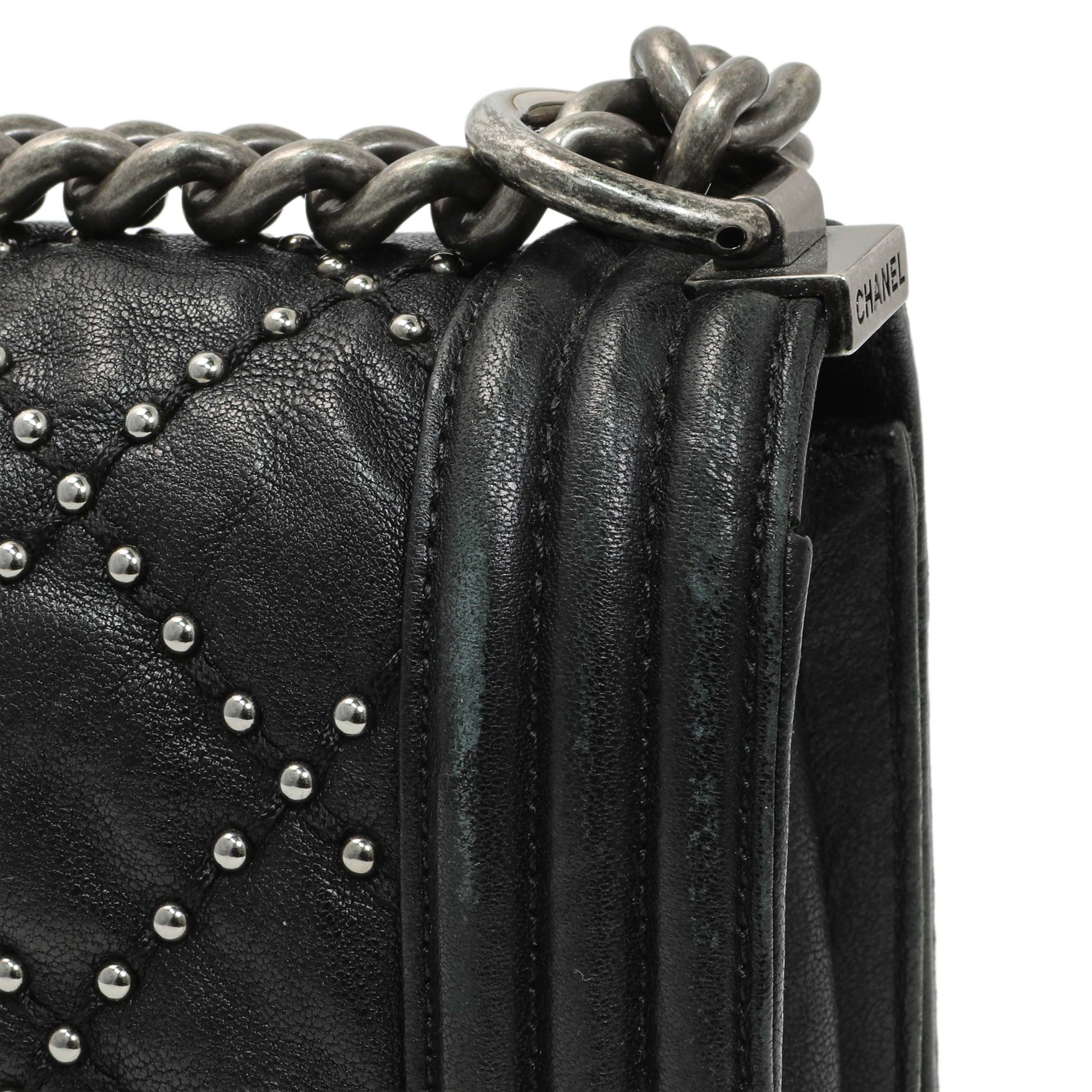 Exclusive Chanel Black Crumpled Lambskin Small Studded Boy Bag — Alternate View 13
