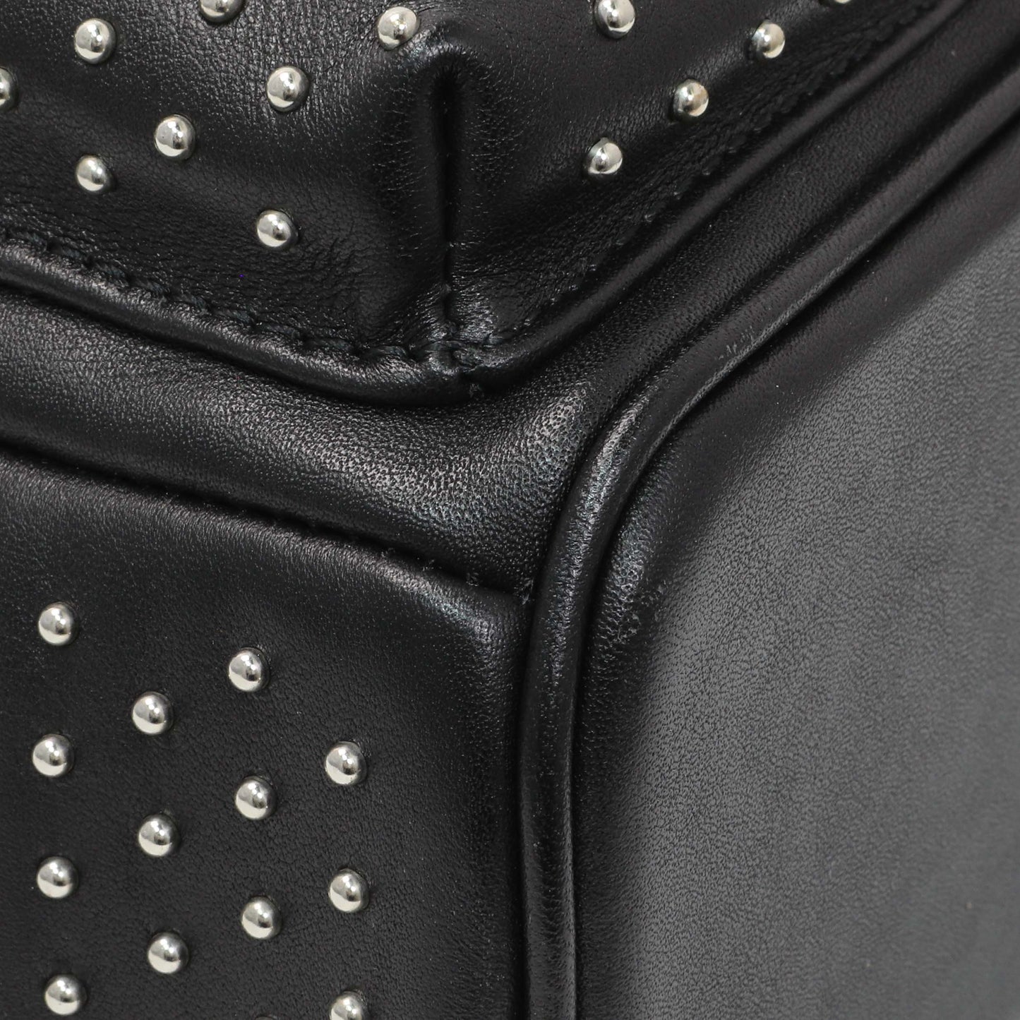 Exclusive MCM Black Metallic Calfskin Stud X-Mini Stark Bebe Boo Backpack — Top View