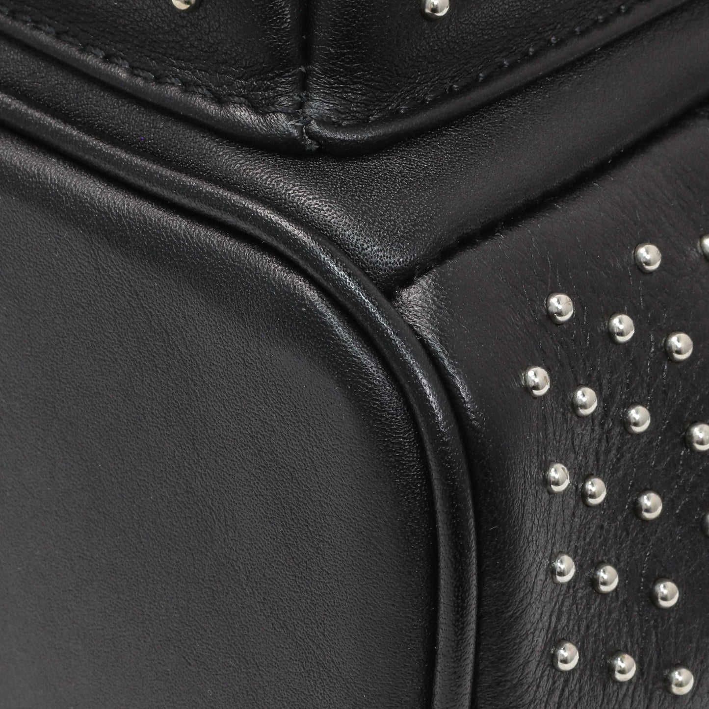 Exclusive MCM Black Metallic Calfskin Stud X-Mini Stark Bebe Boo Backpack — Detail View