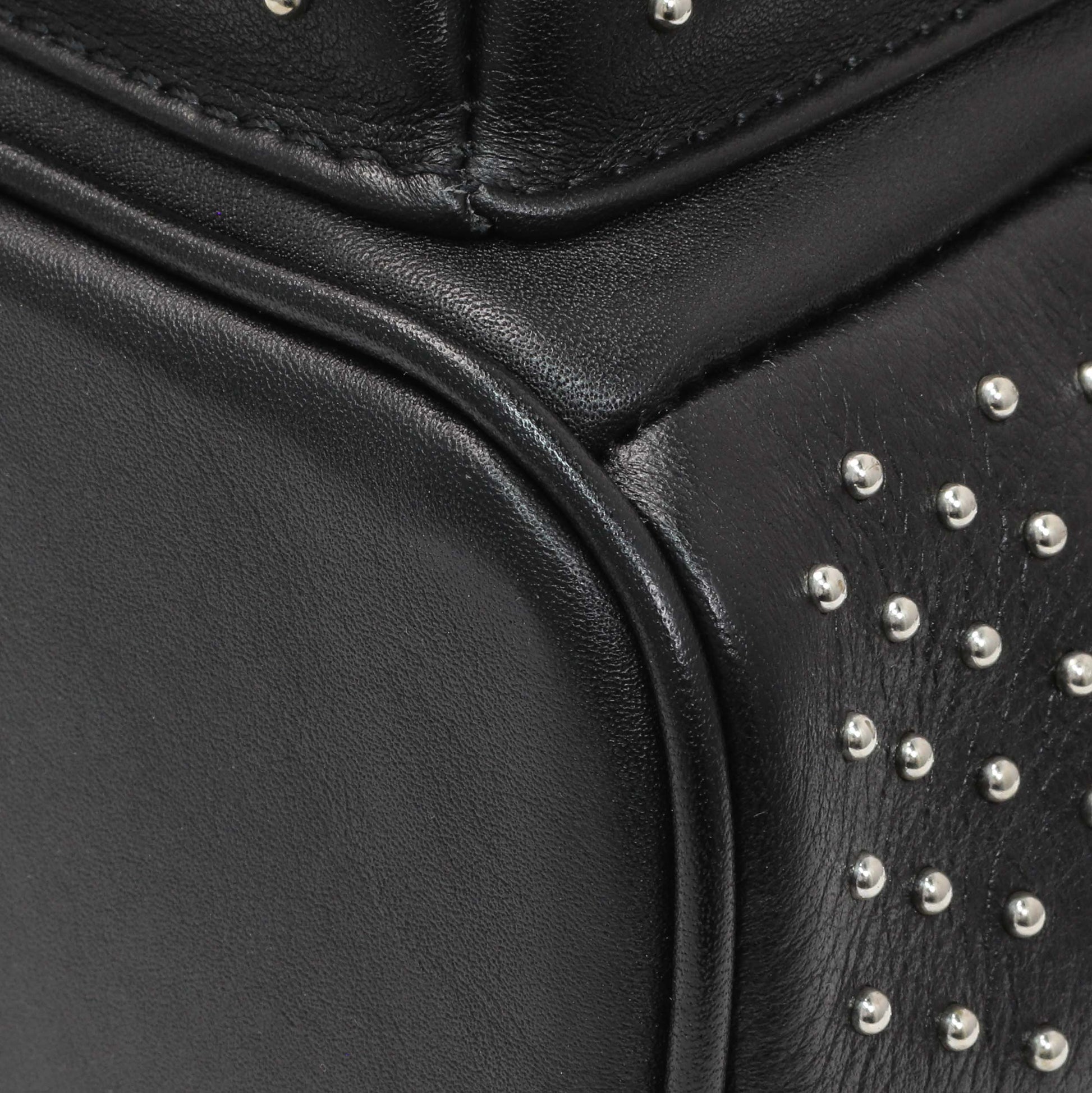 Exclusive MCM Black Metallic Calfskin Stud X-Mini Stark Bebe Boo Backpack — Detail View