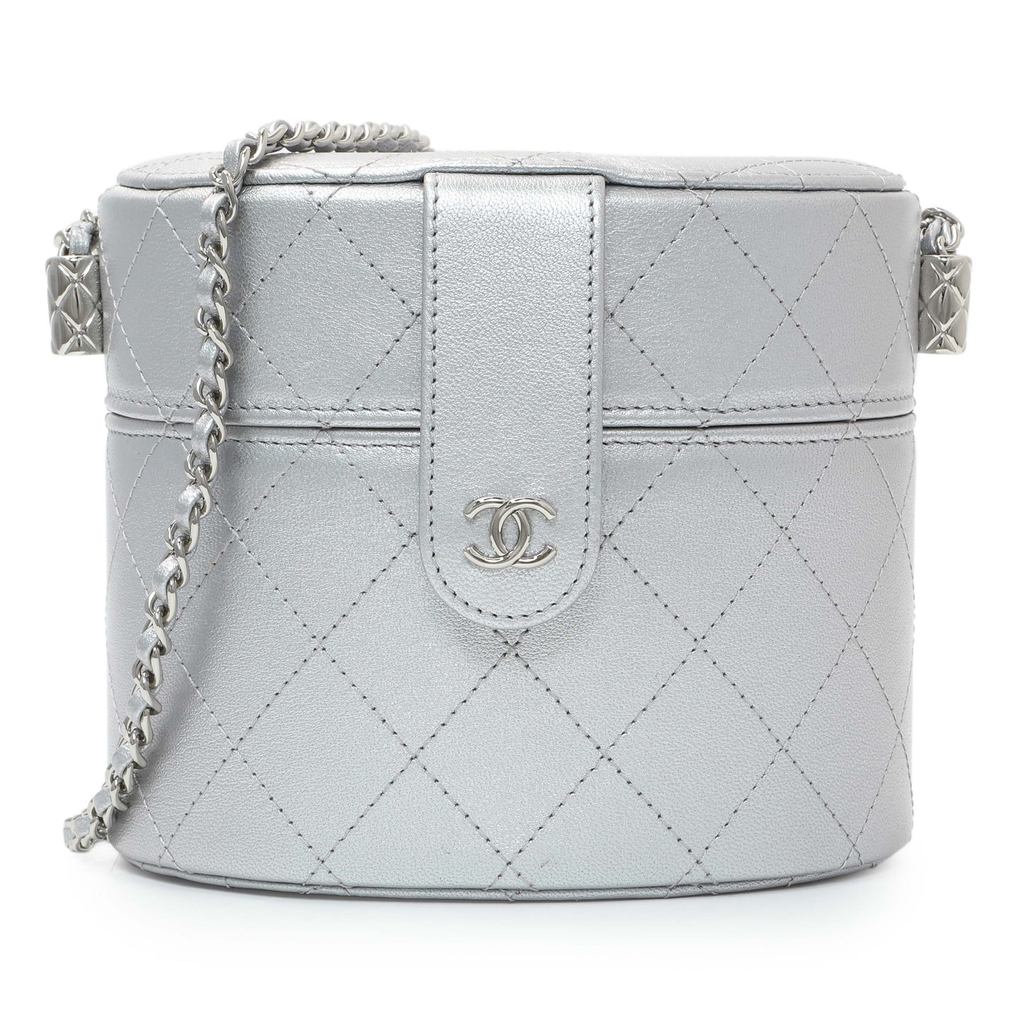 Exclusive Chanel Silver Quilted Round Vanity Case With Chain — Front View