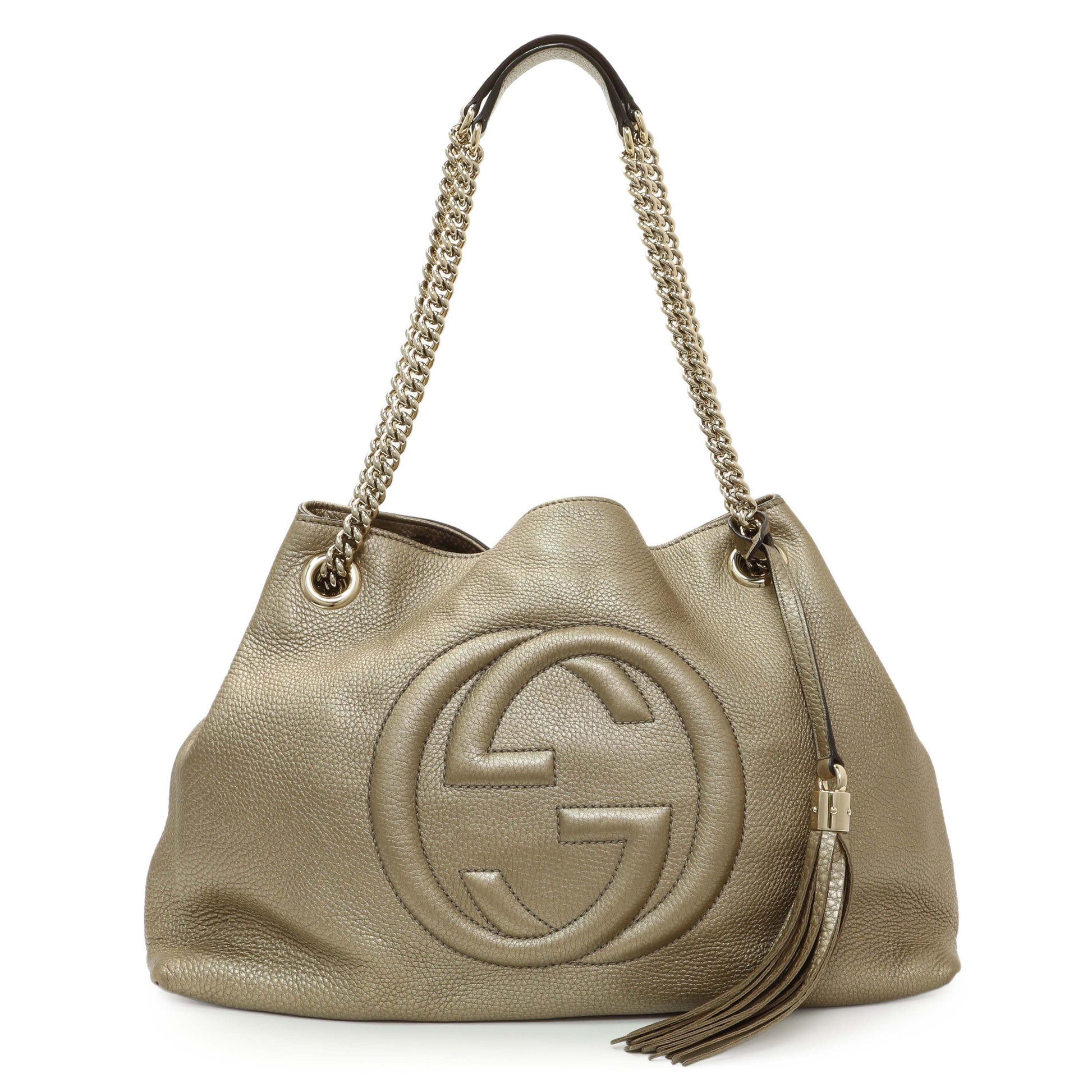 Exclusive Gucci Gold Pebbled Calfskin Medium Soho Chain Shoulder Bag — Front View