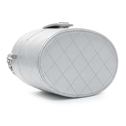 Exclusive Chanel Silver Quilted Round Vanity Case With Chain — Back View